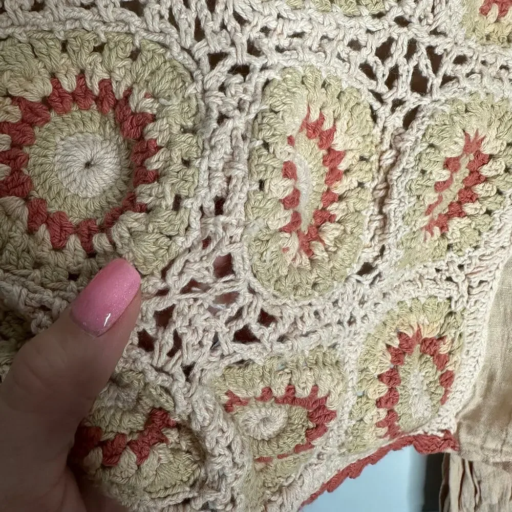 Zara Crochet Granny Square Blouse Women‎ XS Beige EUC Boho Balloon Sleeve Top